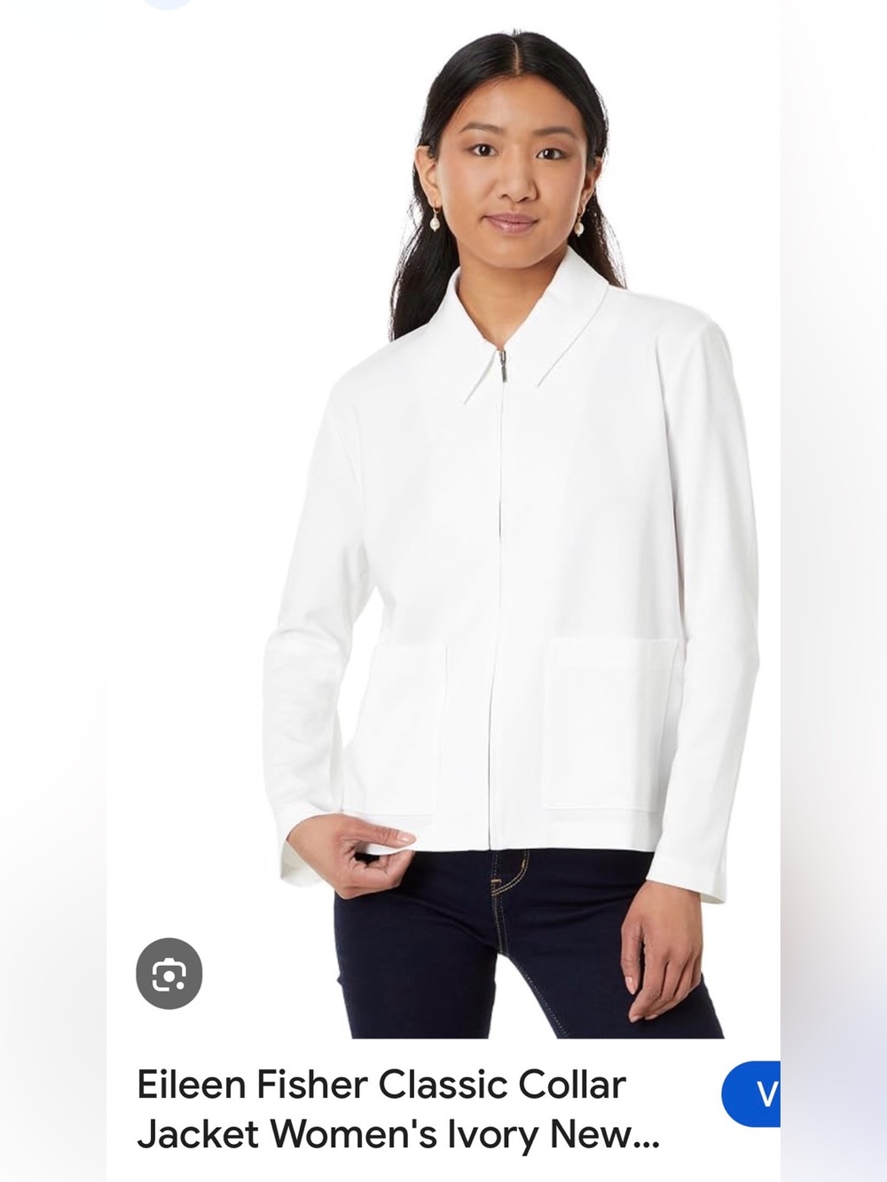 Eileen Fisher White Zip-Front Classic Collar Jacket